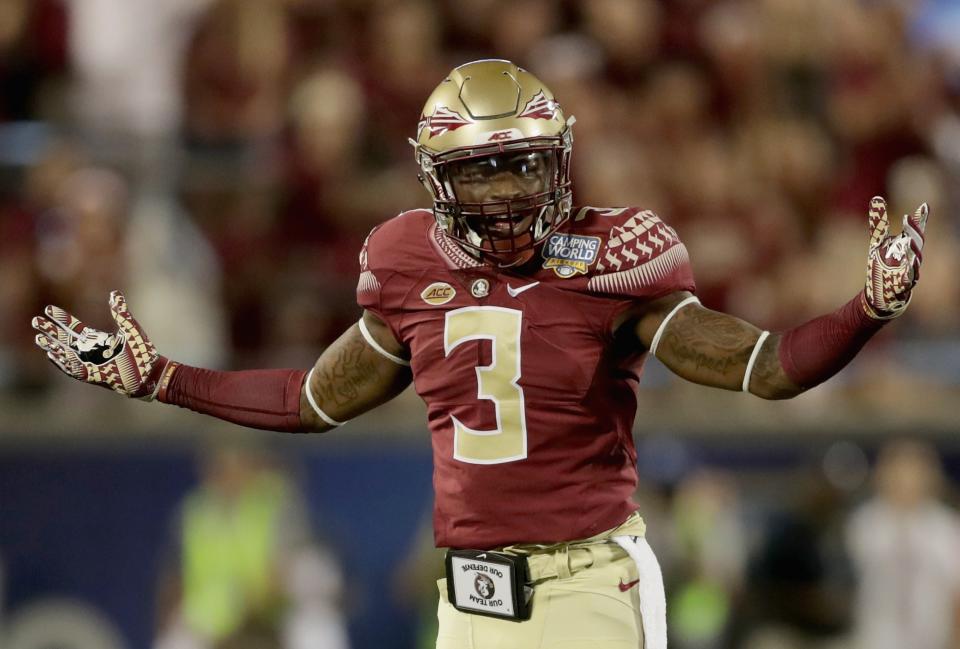 ORLANDO, FL - SEPTEMBER 05: Derwin James #3 of the Florida State Seminoles reacts after a play against the Mississippi Rebels during the Camping World Kickoff at Camping World Stadium on September 5, 2016 in Orlando, Florida. (Photo by Streeter Lecka/Getty Images)