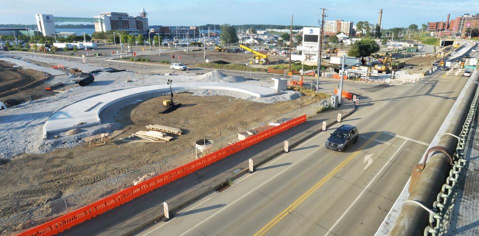 The roundabout under construction at the Bayfront Parkway and Sassafras Street is shown July 11.