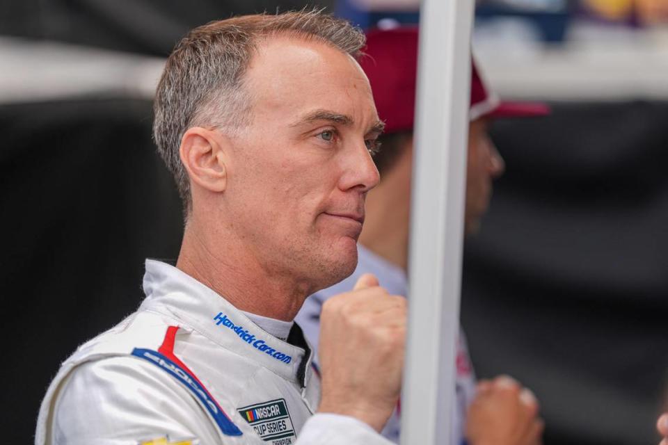 May 18, 2024;  North Wilkesboro, North Carolina, USA;  Kevin Harvick, backup driver for NASCAR Cup Series driver Kyle Larson (5), looks on before qualifying at North Wilkesboro Speedway.