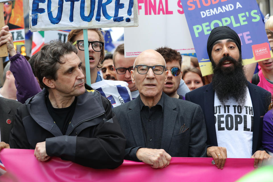 Stephen McGann (second left) and Sir Patrick Stewart (centre) join protesters in an anti-Brexit march. (Photo by Andrew Matthews/PA Images via Getty Images)