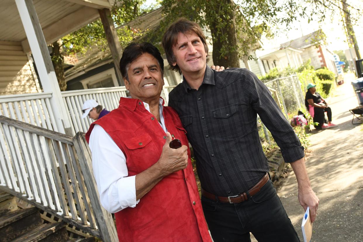 Erik Estrada talks with StarNews reporter John Staton on the set of Divine Renovations at 708 Dawson Street in Wilmington on Wednesday, Sept. 28, 2022. The actor was in Wilmington to film the show at a few locations throughout the week.