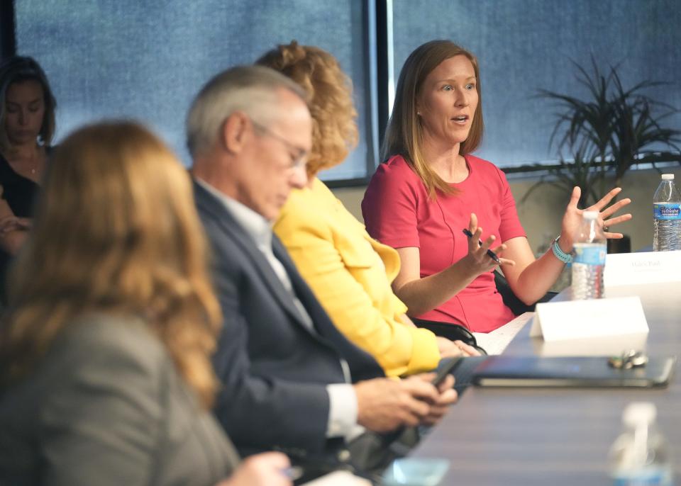 Haley Paul, from the Audubon Arizona, speaks during a council of water experts meeting in Sen. Kyrsten Sinema's office in Phoenix on Oct. 17, 2022.