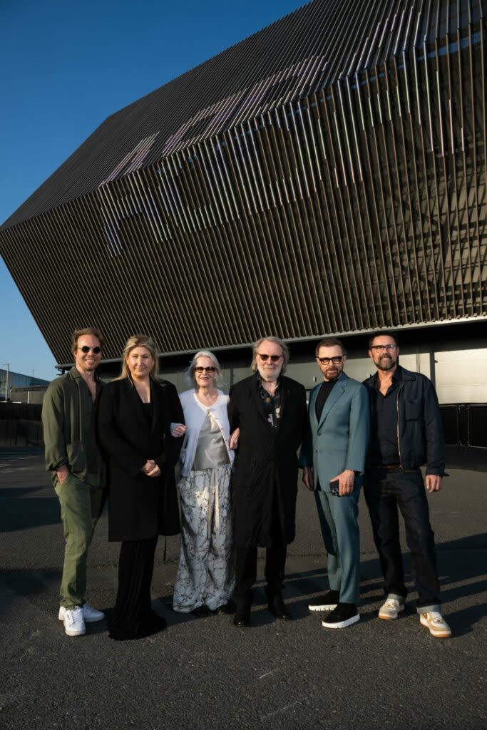 Anni-Frid Lyngstad, Björn Ulvaeus, Benny Andersson of ABBA joined by ABBA Voyage producers Svana Gisla and Ludvig Andersson, and Director Baillie Walsh (Picture: Press)