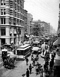 <span class="caption">Bustling Broadway in the late 19th century.</span> <span class="attribution"><a class="link " href="https://www.gettyimages.com/detail/news-photo/united-states-of-america-broadway-in-new-york-street-scene-news-photo/985679260?adppopup=true" rel="nofollow noopener" target="_blank" data-ylk="slk:Bildagentur-online/Universal Images Group via Getty Images;elm:context_link;itc:0;sec:content-canvas">Bildagentur-online/Universal Images Group via Getty Images</a></span>