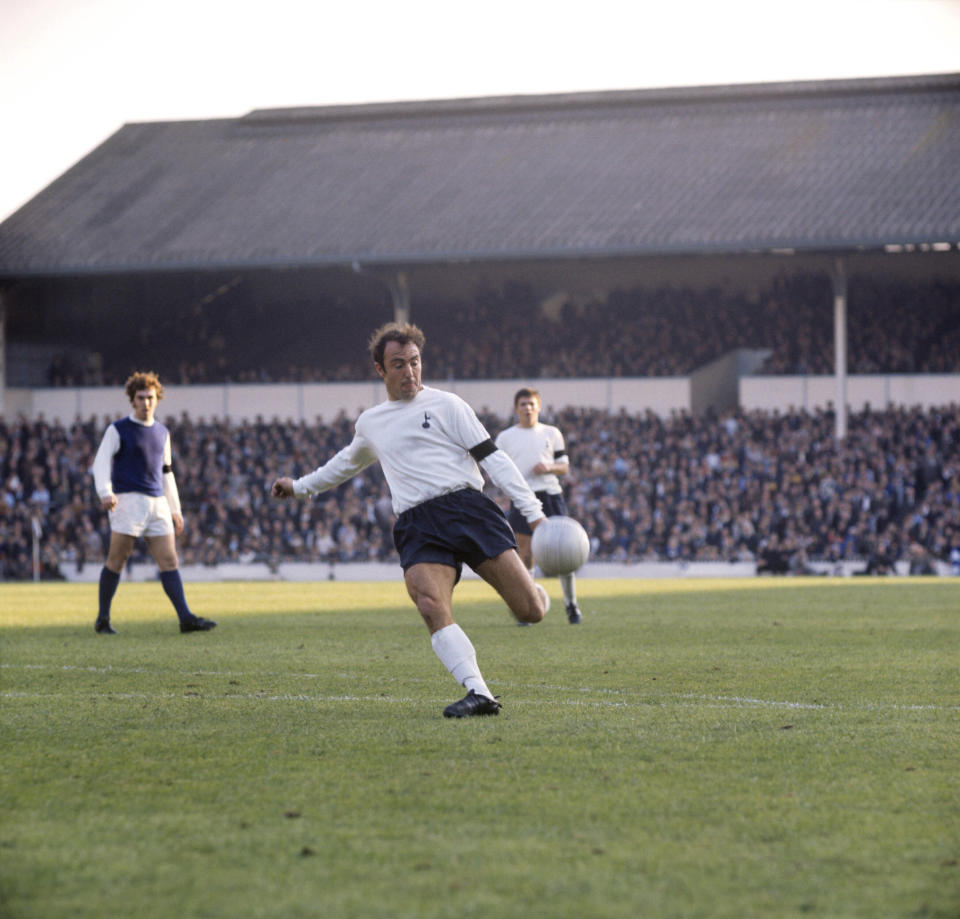 FILE - In this Nov. 1, 1969 file photo, Tottenham Hotspur's Jimmy Greaves in action at White Hart Lane. Jimmy Greaves, one of England’s greatest goal-scorers who was prolific for Tottenham, Chelsea and AC Milan has died. He was 81. With 266 goals in 379 appearances, Greaves was the all-time record scorer for Tottenham, which announced his death on Sunday, Sept. 19, 2021. (PA via AP, File)