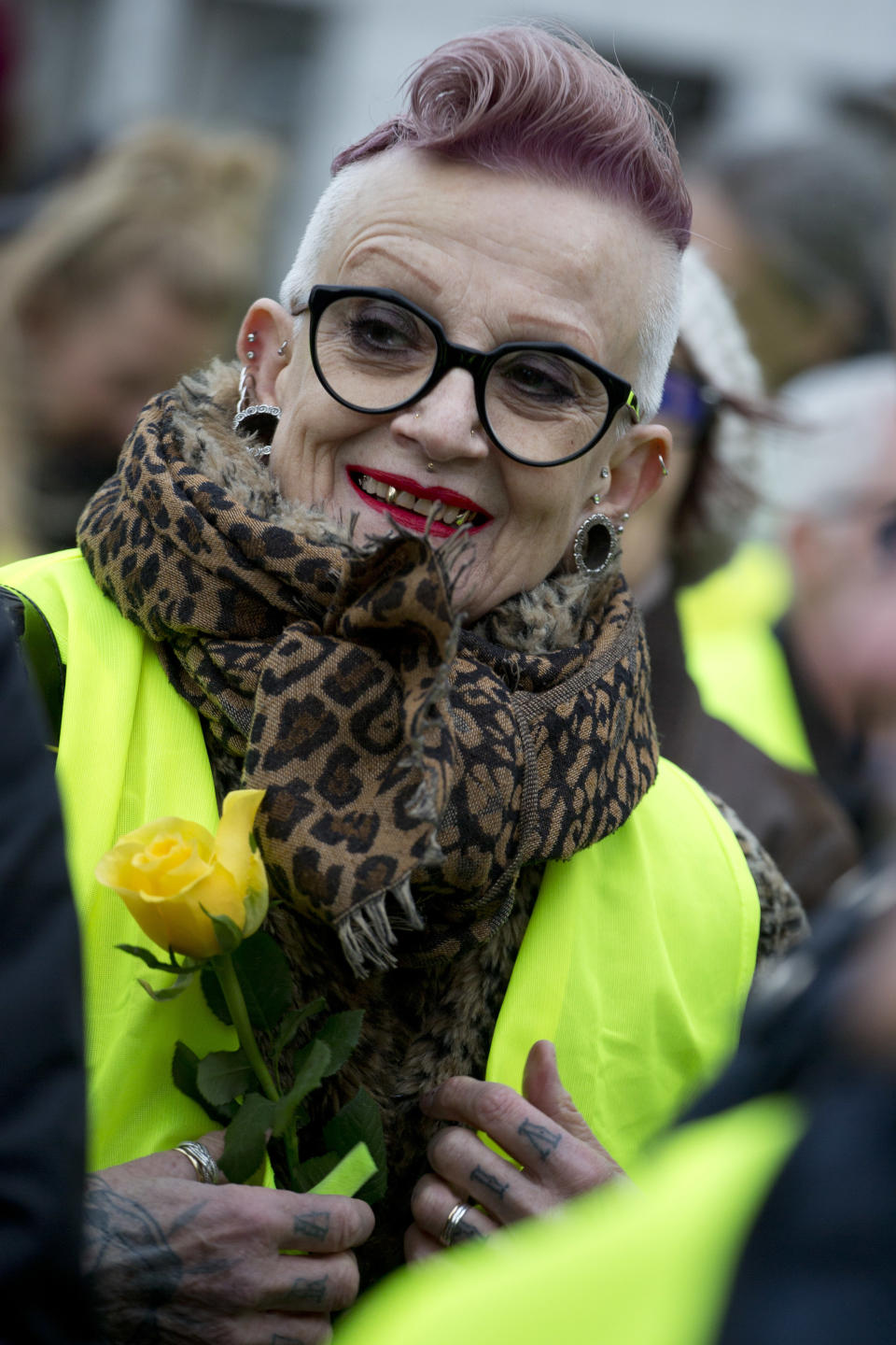 Several hundred demonstrators in yellow vests march during a peaceful demonstration in Amsterdam, Netherlands, Saturday, Dec. 8, 2018. The French yellow vest protest movement is crossing borders, with demonstrations planned in neighboring Belgium and in the Netherlands. Neither country has proposed a hike in fuel tax, the catalyst for the massive and destructive demonstrations in France in recent weeks. (AP Photo/Peter Dejong)