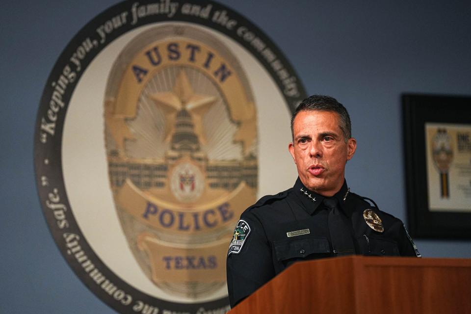 Austin Police Chief Joe Chacon announces his retirement Monday during a news cnference at police headquarters. He is expected to stay and help with the transition until sometime in September.