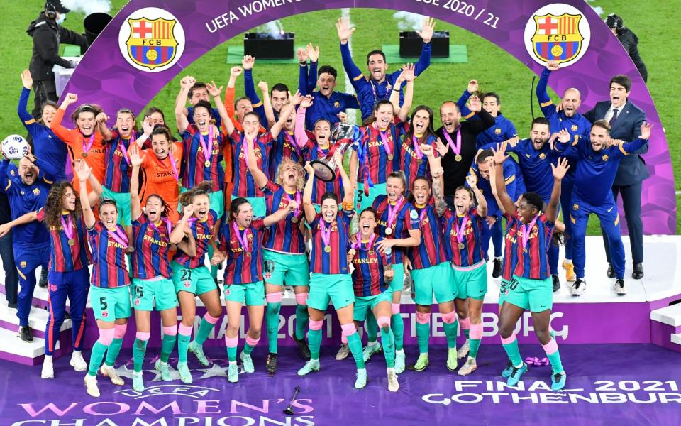 Barcelona celebrate their first-ever Champions League trophy - AP