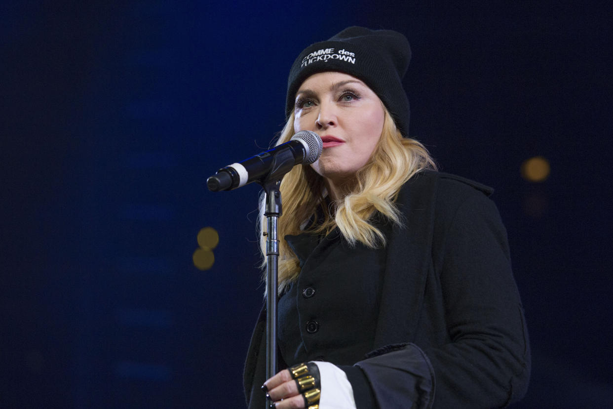 Madonna is seen on stage during the Bringing Human Rights Home concert at The Barclays Center in Brooklyn, New York. 