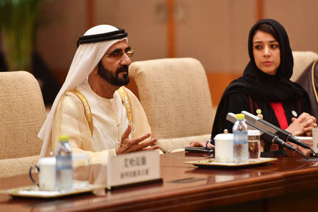 United Arab Emirates Vice President and Prime Minister Sheikh Mohammed bin Rashid Al Maktoum speaks with Chinese Premier Li Keqiang (not pictured) during their meeting at the Diaoyutai State Guesthouse in Beijing, China, April 25, 2019. Parker Song/Pool via REUTERS