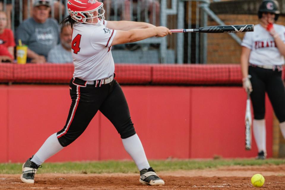 Cardington's Ari Simpson swings at a pitch during a Division III state semifinal softball game against Wheelersburg last season in Akron's Firestone Stadium.