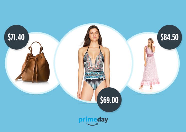 A look at Amazon’s Prime Exclusive brands, including a suede and leather cross body bucket bag by The Fix, a Coastal Blue one piece swimsuit, and Ella Moon maxi dress. (Photos Courtesy of Amazon Fashion)