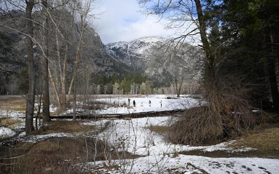 Visitors play in the snow at Leidig Meadow near Swinging Bridge in Yosemite Valley Friday, Feb 9, 2024 in Yosemite National Park. Upper Yosemite Fall can be seen far in the center background.