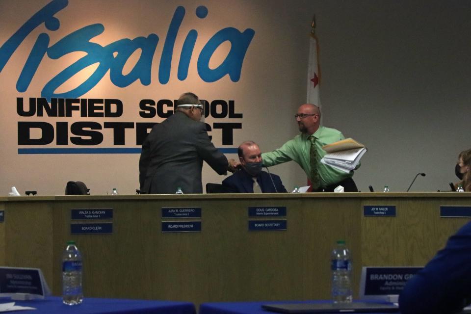 Visalia Unified Trustee Christopher Pope resigned during Tuesday's school board meeting after he made "negative sexual orientation based comments" this summer toward a Golden West High School teacher.