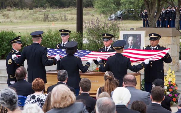 PHOTO: In this Nov. 14, 2017, file photo, soldiers prepare to drape the American flag over the casket bearing the remains of Gen.(Ret.) Richard H. Cavazos at the Fort Sam Houston National Cemetery, in San Antonio, Texas. (Sgt. Christopher Hernandez/345th Public Affairs Detachment)