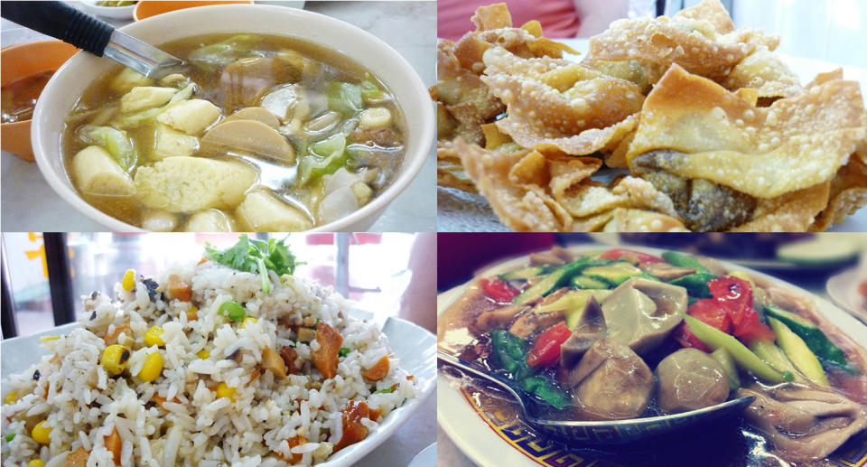 From left to right, clockwise: Sap Kum sugarcane flower soup, fried wantons, vegetarian egg puffs with asparagus, Yong Chow fried rice. (Photos: Luke Otter / Hungry Ang Mo)