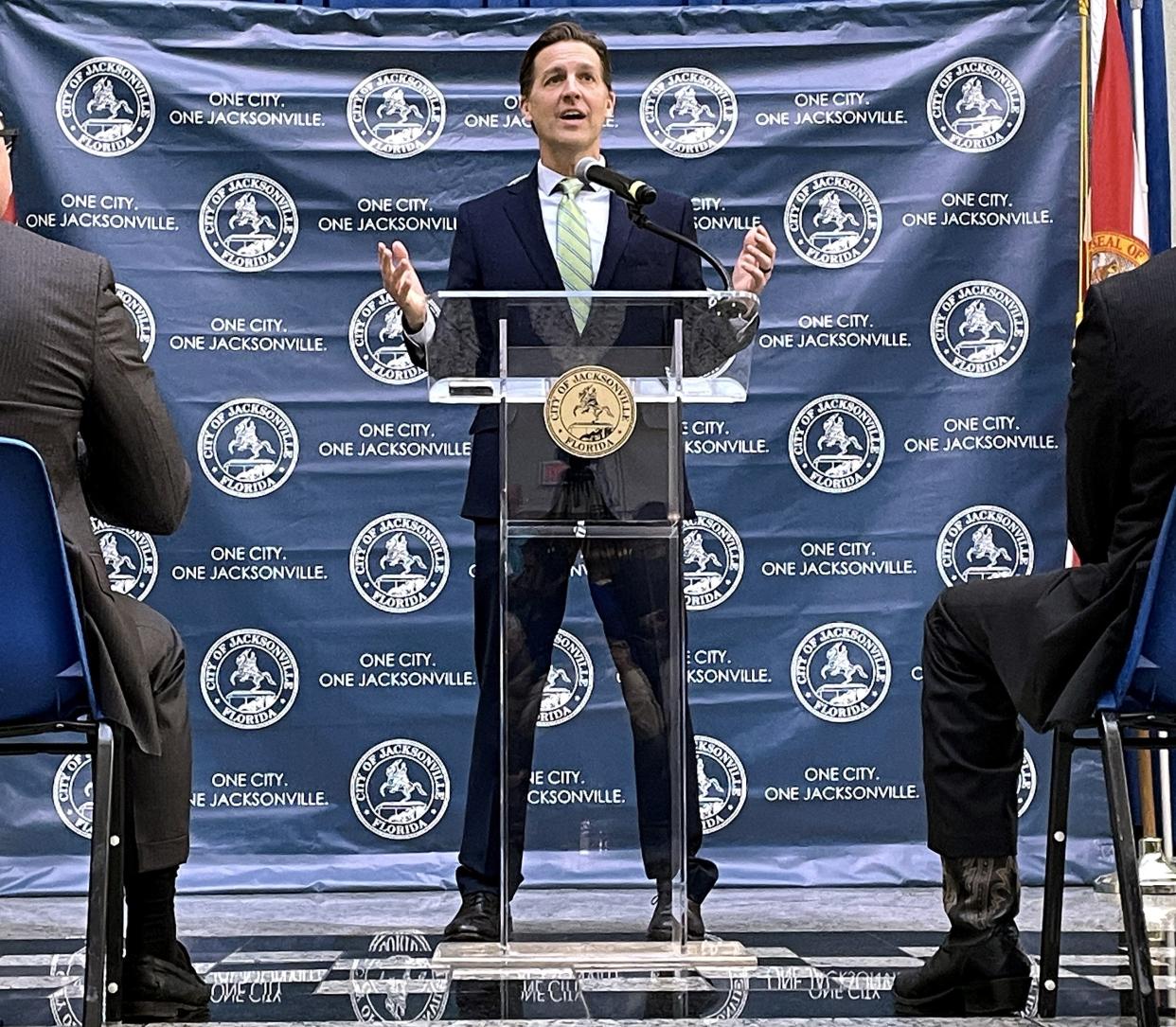 Newly hired University of Florida President Ben Sasse addresses the audience during a press conference in Jacksonville's City Hall.