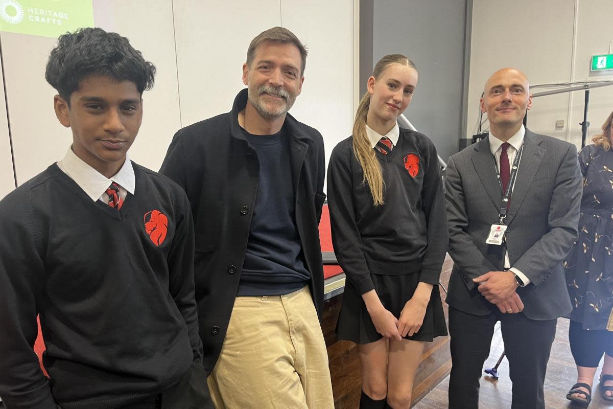 : Krish Patel, Patrick Grant, Caitlin Sands and headteacher Paddy Russell.