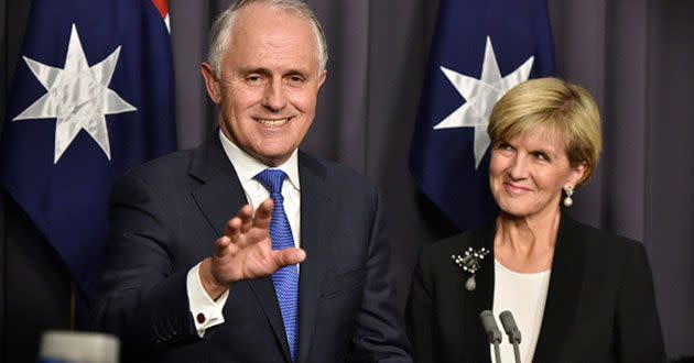 Julie Bishop and Malcolm Turnbull speak to the mead following the ballot. Source: Getty