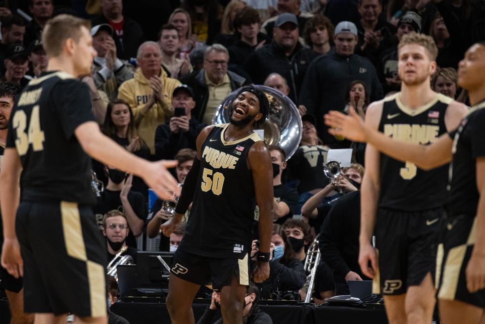 Dec 18, 2021; Indianapolis, Indiana, USA; Purdue Boilermakers forward Trevion Williams (50) celebrates the win over Butler Bulldogs at Gainbridge Fieldhouse. Mandatory Credit: Trevor Ruszkowski-USA TODAY Sports