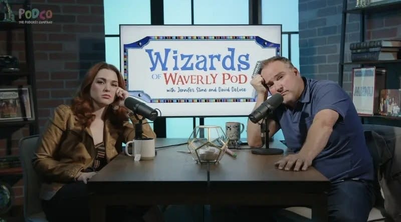 Jennier Stone and David DeLuise talk to Selena Gomez via video chat for an episode of Wizards of Waverly Pod.