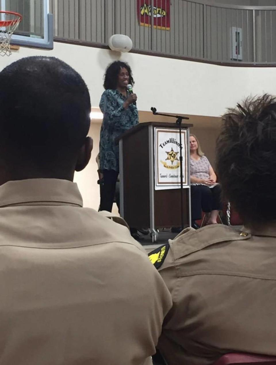 East St. Louis High School native and Olympic Gold Medalist Jackie Joyner-Kersee addresses cadets at the Team Illinois Youth Police Camp graduation. This year’s camp will take place Sunday, July 16, through Saturday, July 22, at Principia College in Elsah, Illinois.