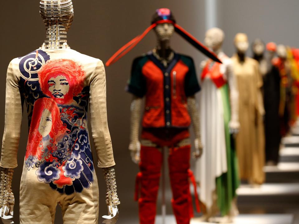 Pieces of designer Issey Miyake's collection are displayed at the National Art Center in Tokyo, Japan, Tuesday, May 31, 2016.