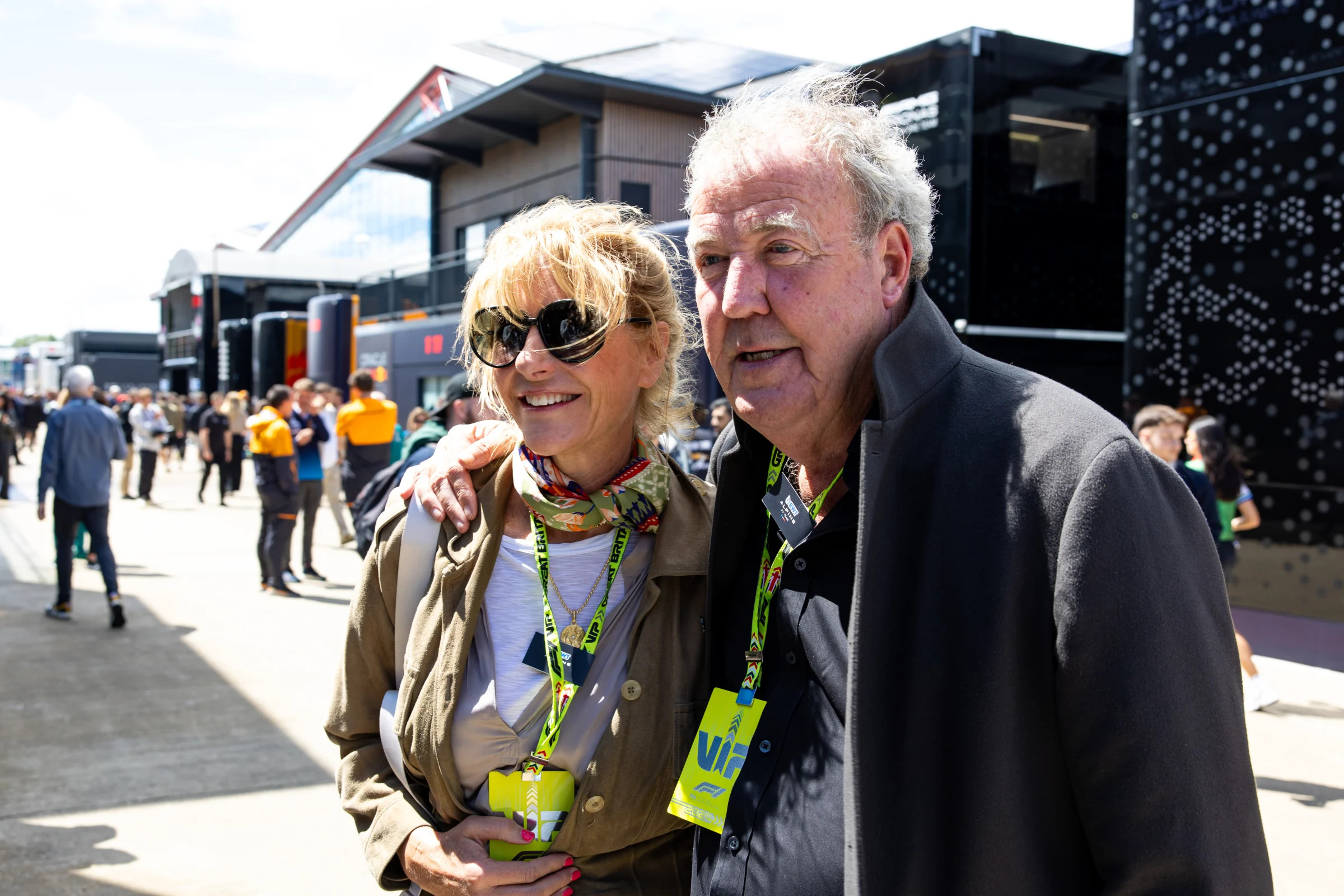 NORTHAMPTON, ENGLAND - JULY 7: Jeremy Clarkson and girlfriend Lisa Hogan arrive in the paddock during the F1 Grand Prix of Great Britain at Silverstone Circuit on July 7, 2024 in Northampton, United Kingdom. (Photo by Kym Illman/Getty Images)