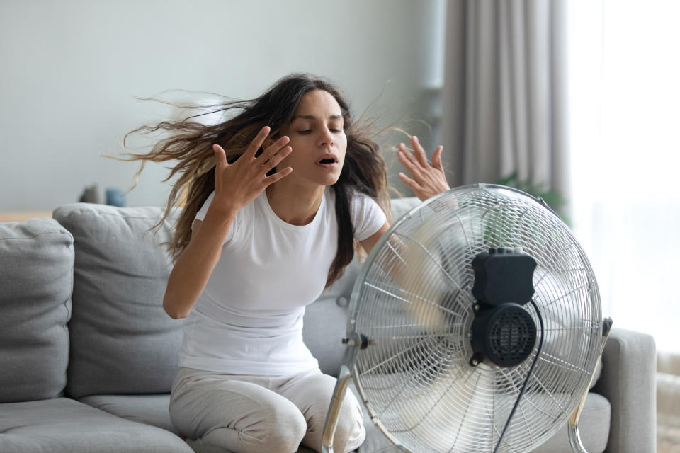 Woman in front of fan