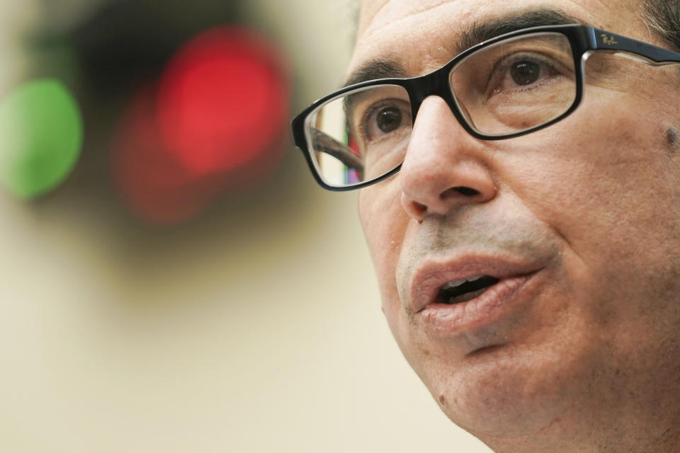 Treasury Secretary Steven Mnuchin testifies before a House Financial Services Committee hearing on Capitol Hill in Washington, Wednesday, Dec. 2, 2020. (Greg Nash/Pool via AP)