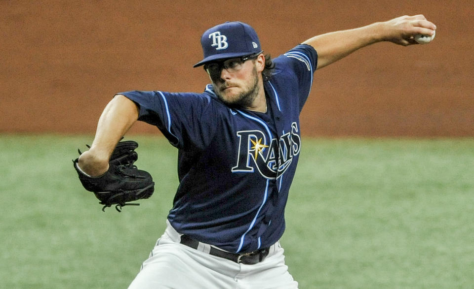 Tampa Bay Rays starter Josh Fleming throws to a Texas Rangers batter during the fourth inning of a baseball game Wednesday, April 14, 2021, in St. Petersburg, Fla. (AP Photo/Steve Nesius)