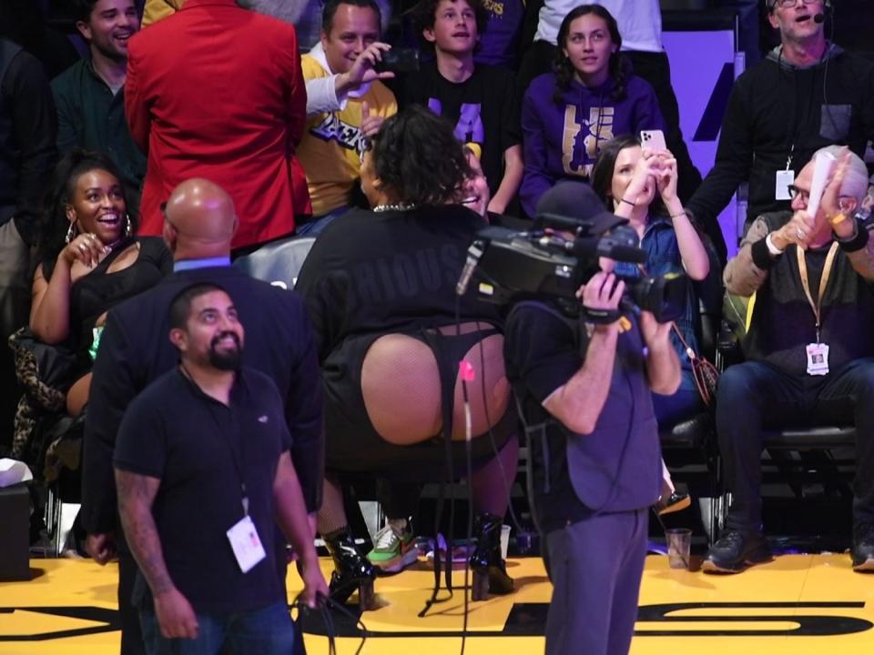 Singer Lizzo dances during a timeout of a basketball game between the Los Angeles Lakers and the Minnesota Timberwolves at Staples Center on December 08, 2019 in Los Angeles, California.