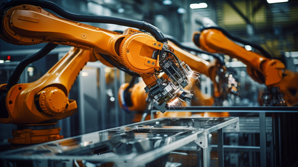 A close-up view of a robotic arm printing on an industrial manufacturing floor.