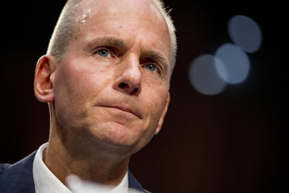 FILE - In this Oct. 29, 2019, file photo Boeing Company President and Chief Executive Officer Dennis Muilenburg appears before a Senate Committee on Commerce, Science, and Transportation hearing on 'Aviation Safety and the Future of Boeing's 737 MAX' on Capitol Hill in Washington. Boeing’s new chairman gave Muilenburg a vote of confidence Tuesday , Nov. 5, and said the chief executive is giving up any bonus this year. (AP Photo/Andrew Harnik, File)