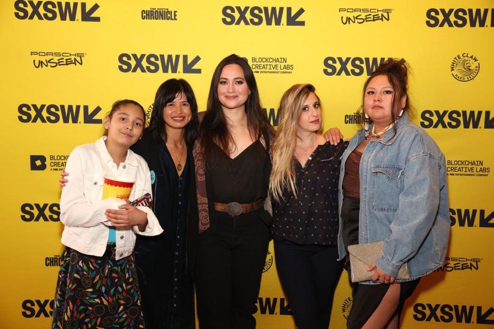 left to right jasmine jazzy bearkiller shangreaux, vanara taing, lily gladstone, morrisa maltz and lainey bearkiller shangreaux attend the unknown country premiere during the 2022 sxsw conference and festivals at stateside theater on march 13 2022