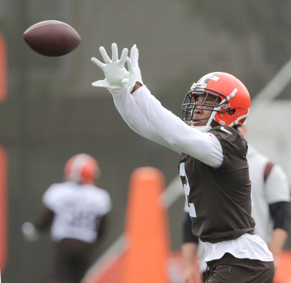 Cleveland Browns receiver Amari Cooper hauls in a pass during OTA practice on Wednesday, May 25, 2022 in Berea.