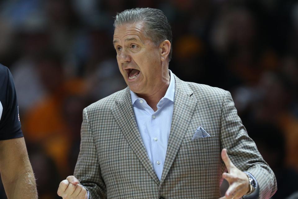 John Calipari reacts during a game between Kentucky and Tennessee at Thompson-Boling Arena at Food City Center.