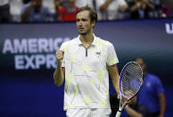 Daniil Medvedev, of Russia, reacts after winning the fourth set against Rafael Nadal, of Spain, during the men's singles final of the U.S. Open tennis championships Sunday, Sept. 8, 2019, in New York. (AP Photo/Adam Hunger)
