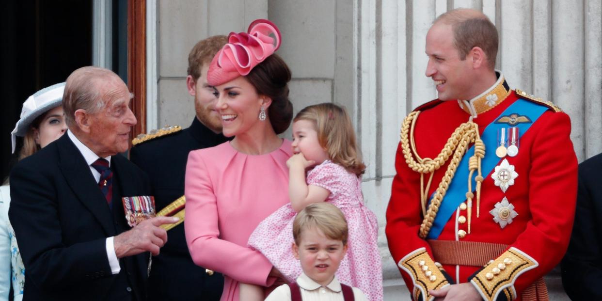 Prince Philip, Duke of Edinburgh, Catherine, Duchess of Cambridge, Princess Charlotte of Cambridge, Prince George of Cambridge and Prince William, Duke of Cambridge watch the flypast from the balcony of Buckingham Palace during the annual Trooping the Colour Parade on June 17, 2017 in London, England.