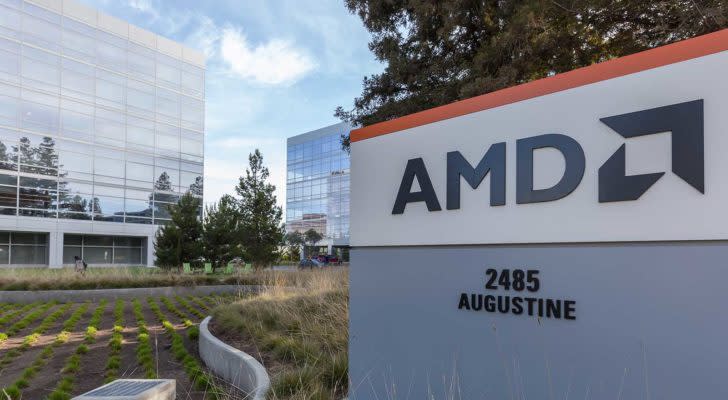AMD (AMD) sign outside of office building with greenery