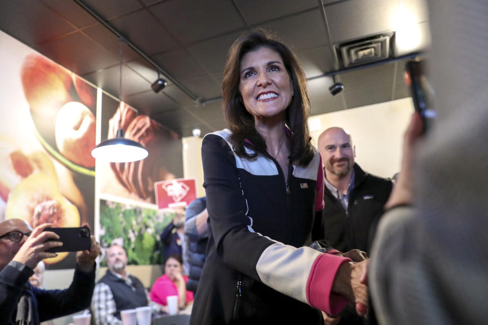 Republican presidential candidate former UN Ambassador Nikki Haley shakes hands with a supporter before a campaign event on Thursday, Feb. 1, 2024, in Columbia, S.C. (AP Photo/Artie Walker Jr.)