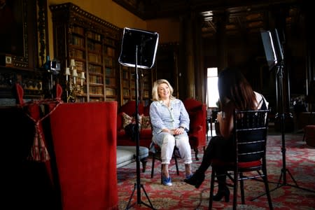 Fiona Herbert, Countess of Carnarvon talks during an interview with Reuters at Highclere Castle in Hampshire