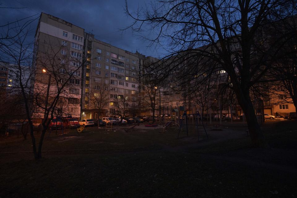 An apartment building that holds families from some of Ukraine's most devastated communities: bombarded Karkhiv near the Russian border, obliterated Irpin, and Kyiv, the capital itself, in Lviv, western Ukraine, Sunday, April 3, 2022. Lviv on the surface looks calm, but the city is uniquely representative of the 6 million people displaced inside Ukraine since Russia's invasion. (AP Photo/Nariman El-Mofty)