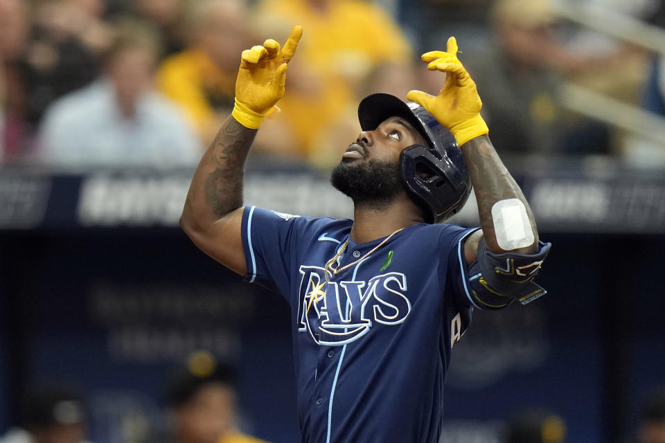 Tampa Bay Rays' Randy Arozarena celebrates after his home run off Pittsburgh Pirates relief pitcher Jose Hernandez during the fourth inning of a baseball game Thursday, May 4, 2023, in St. Petersburg, Fla. (AP Photo/Chris O'Meara)