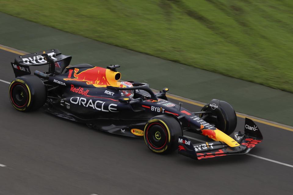 Red Bull driver Max Verstappen of Netherlands races his car during a practice session ahead of the Australian Formula One Grand Prix at Albert Park in Melbourne, Friday, March 31, 2023. (AP Photo/Asanka Brendon Ratnayake)