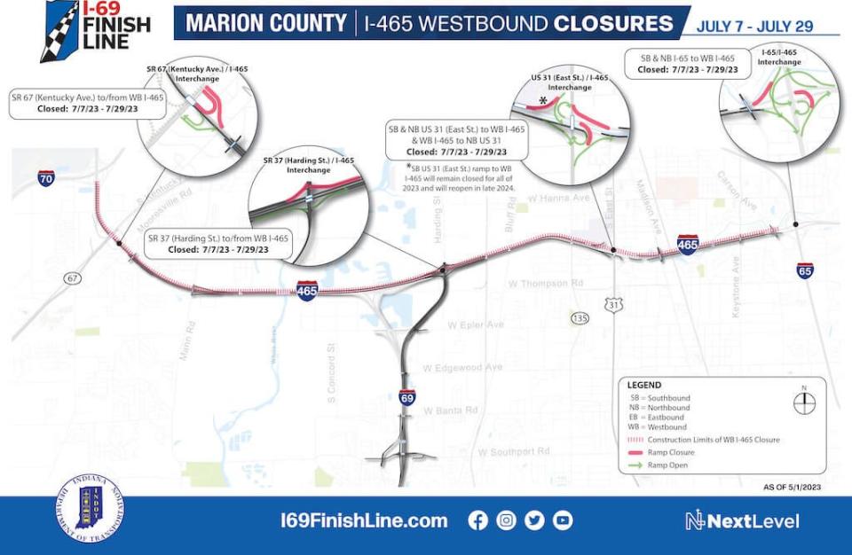 From July 7 to July 29, eastbound lanes of I-465 will be closed between I-65 and I-70.