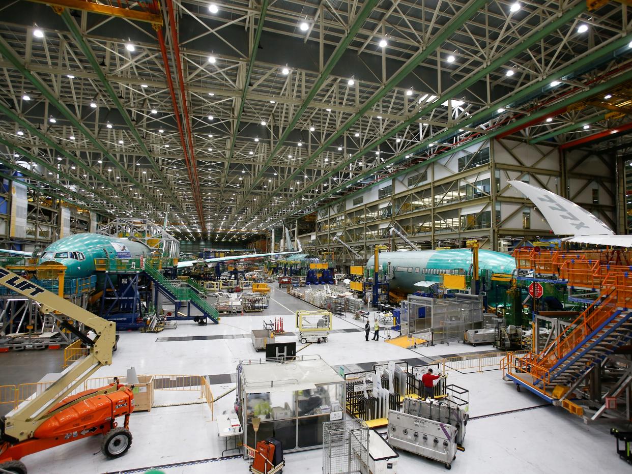 FILE PHOTO: Several Boeing 777X aircraft are seen in various stages of production during a media tour of the Boeing 777X at the Boeing production facility in Everett, Washington, U.S., February 27, 2019.  REUTERS/Lindsey Wasson