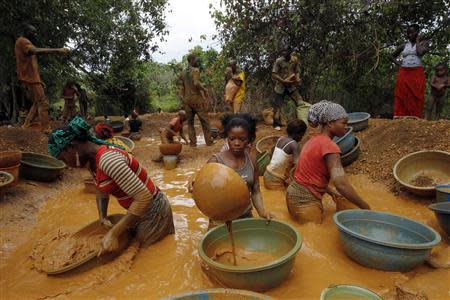 Prospectors pan for gold at a new gold mine found in a cocoa farm near the town of Bouafle in western Ivory Coast March 18, 2014. REUTERS/Luc Gnago