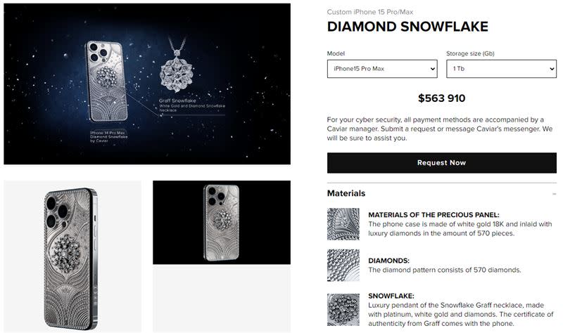 Caviar推出iPhone 15 Pro「Diamond Snowflake」系列手機殼，最頂規iPhone 15 Pro Max 1TB版本售價約新台幣1813萬2187元，價格堪比一棟房子。（圖／翻攝自Caviar官網）