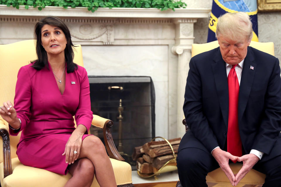 Outgoing Ambassador to the United Nations Nikki Haley talks with President Trump in the Oval Office after the president accepted Haley’s resignation, Oct. 9, 2018. (Photo: Jonathan Ernst/Reuters)